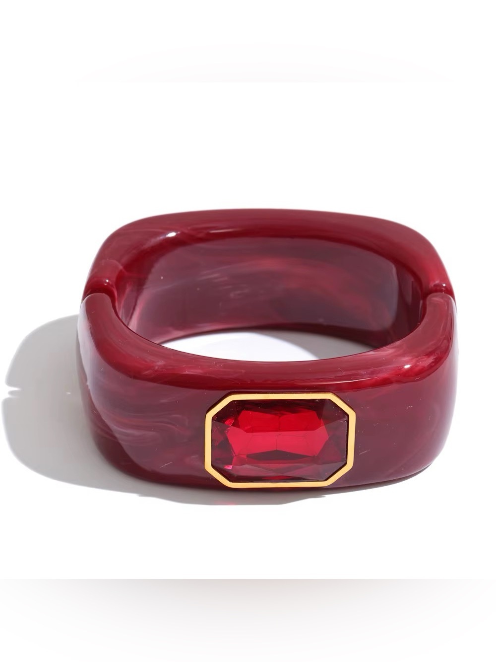 Burgundy Red Resin Hinge Bangle with Gold-Trimmed Red Gem Brand New